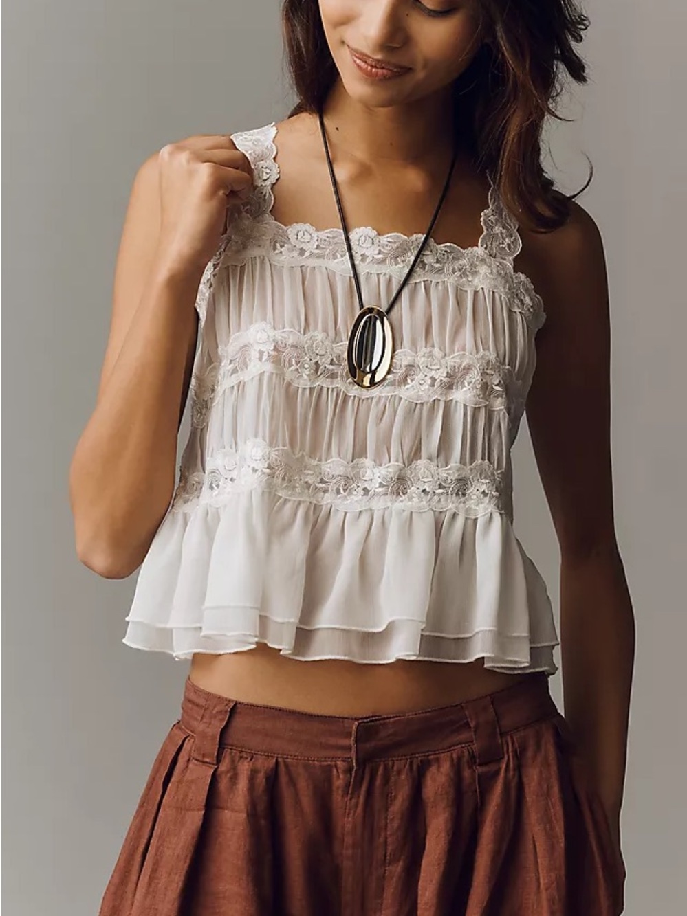By Anthropologie Shirred Lace Tank Women's Blouse Top Ruffle White Boho L NWT!